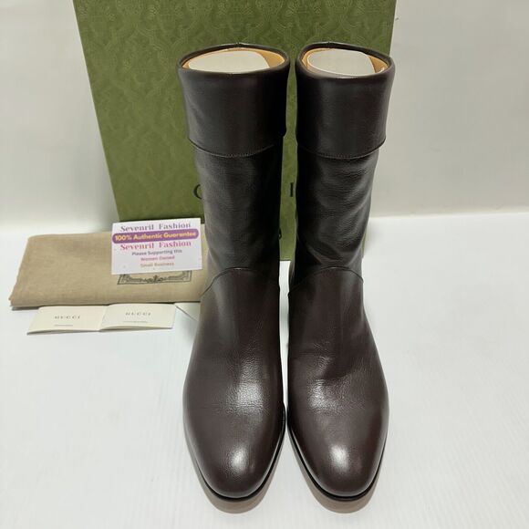 Gucci Men Boots 10/ US 10.5 Cocoa Leather Block Heel Mid Calf Pull-On NIB - Picture 3 of 12